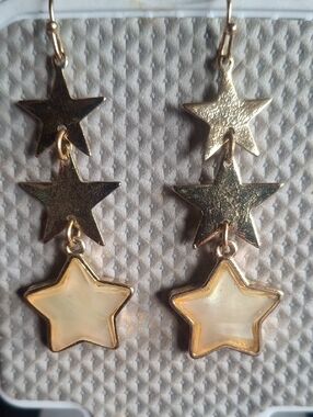 Gold Star Drop Earrings with Cream Inlay